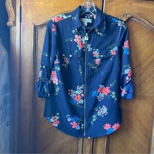 MICHAEL KORS Navy Floral Zip-Front Blouse with Pink & Blue Flowers